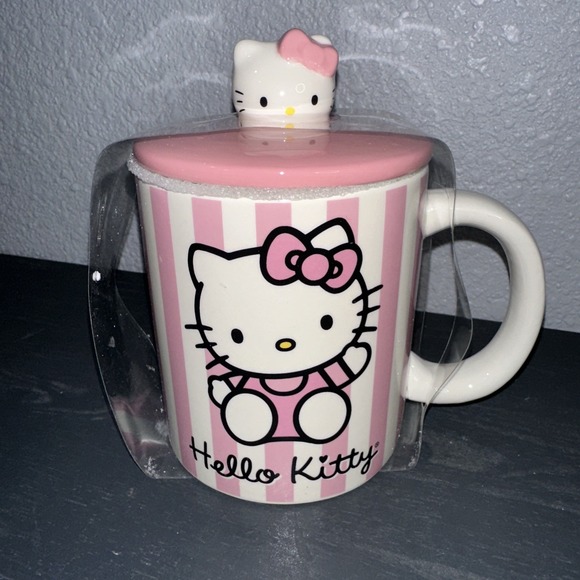 Hello Kitty Other - Sanrio Hello‎ Kitty Pink Stripes Ceramic Mug With Lid / 18 Ounces New